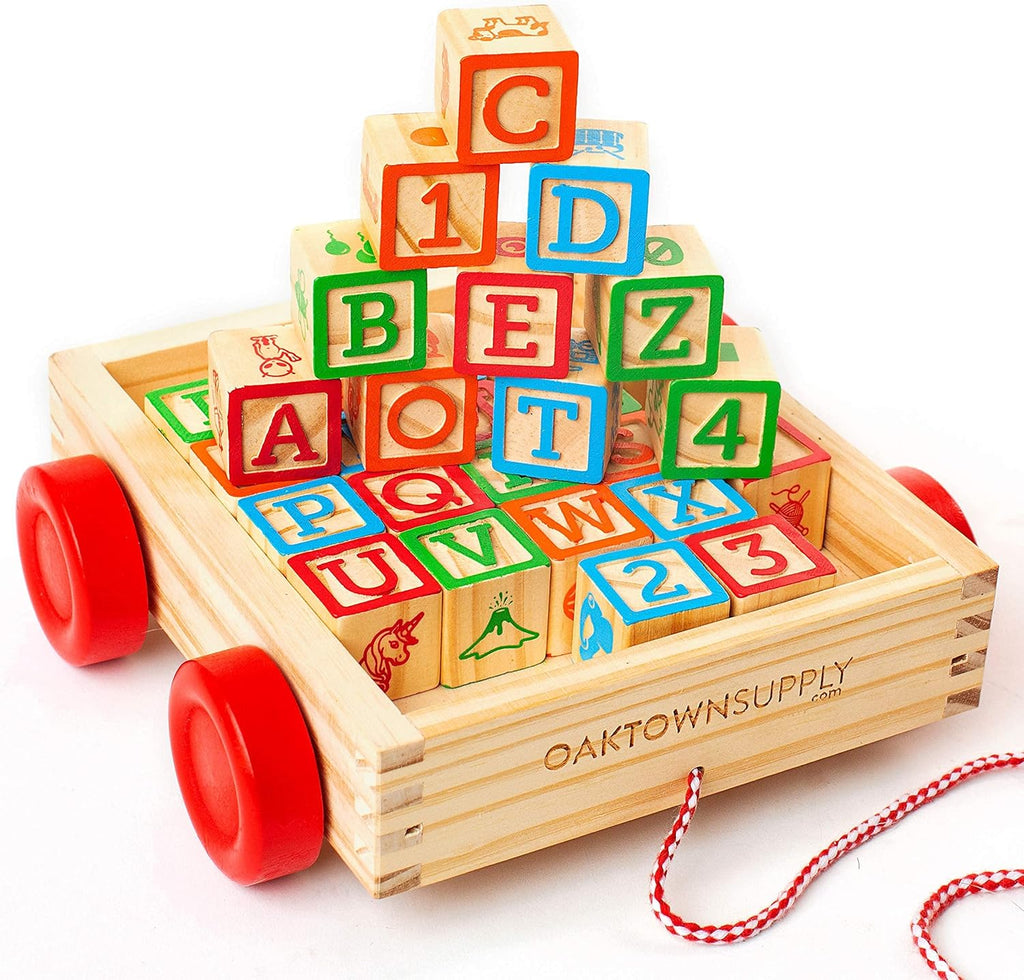 Wooden block wagon with wooden numbers and letters